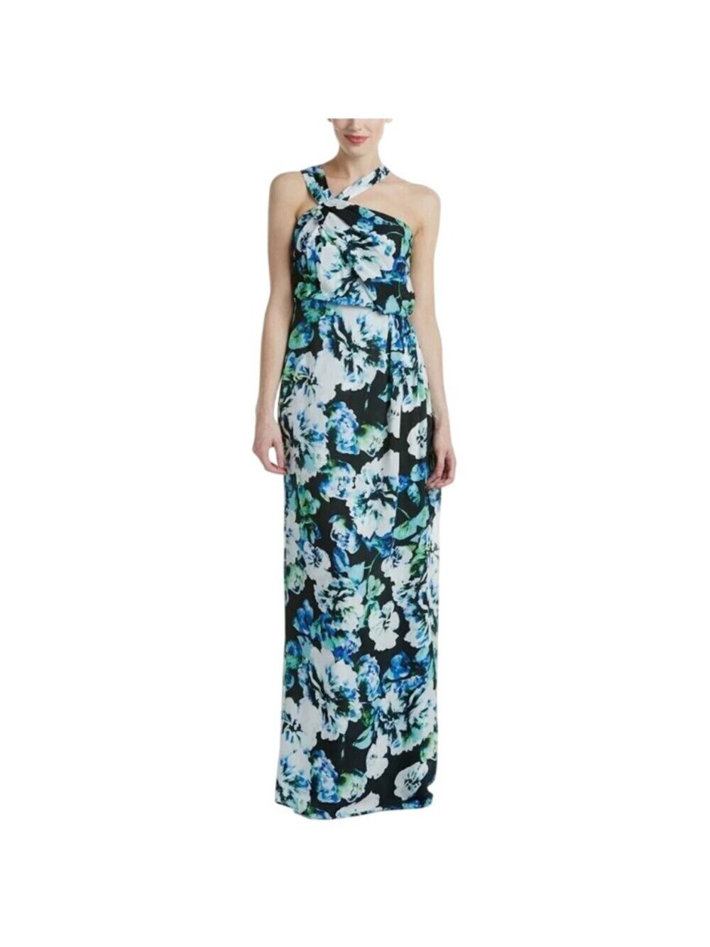 Parker Black Maxi Dress Size 6 Floral Asymmetrical Neck Blue Boho Garden Party